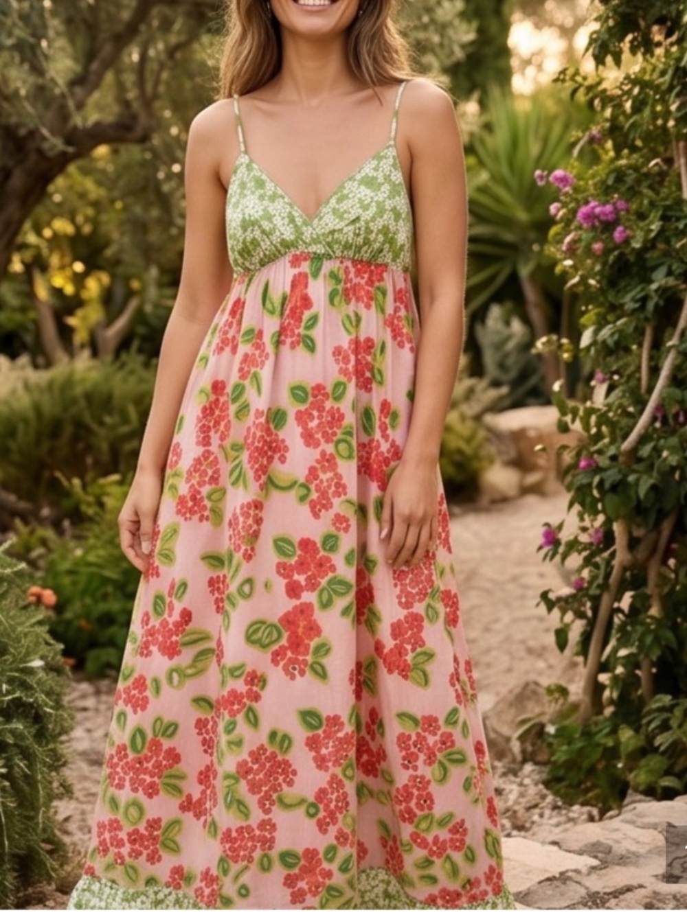 NWT Vintage Y2K Derek Heart Green and Pink Floral Maxi Dress